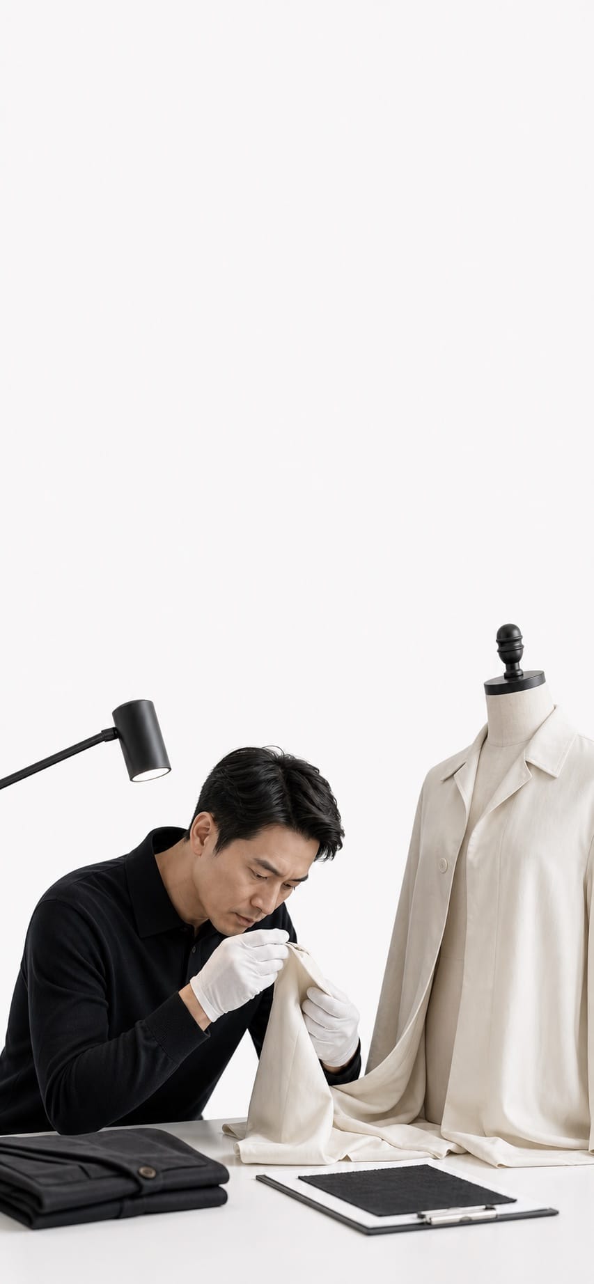 Fashion quality specialist inspecting premium fabric and stitching in a white studio.