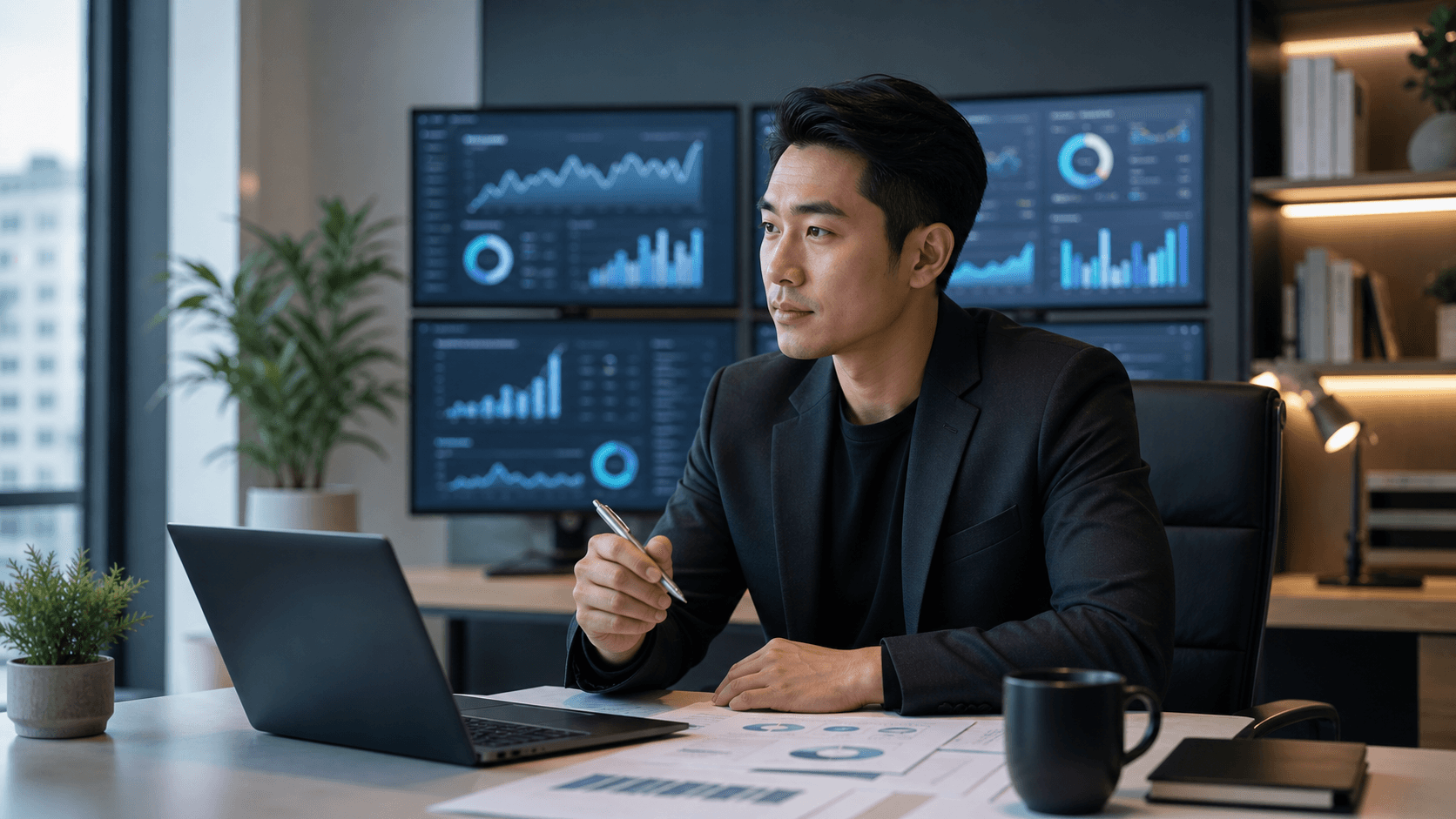 Business founder and consultant reviewing growth strategy dashboards.