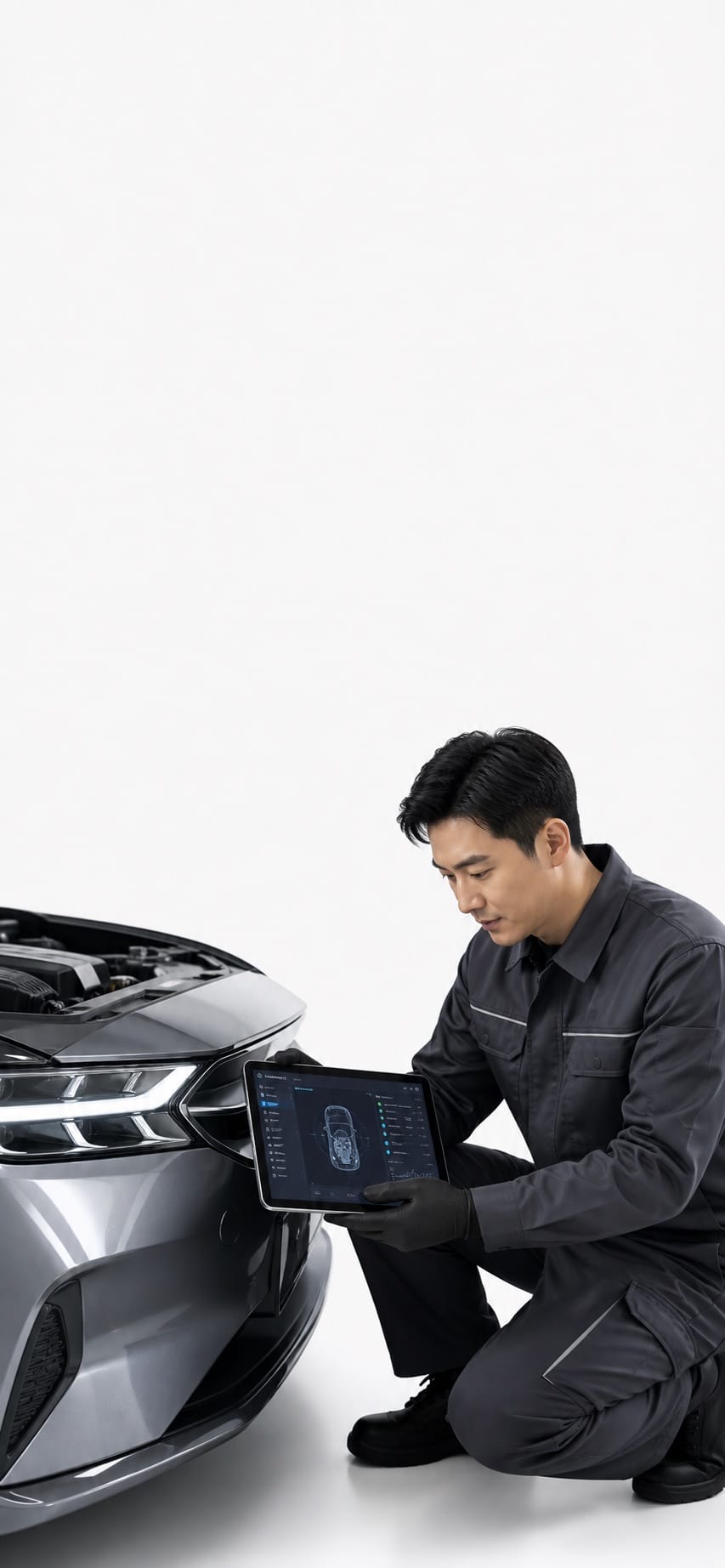 Auto technician reviewing diagnostics beside a sleek car in a clean white studio.