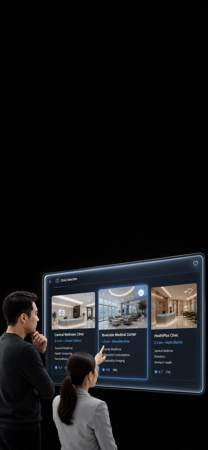 Client comparing clinic options with a healthcare advisor in a premium black studio setting.