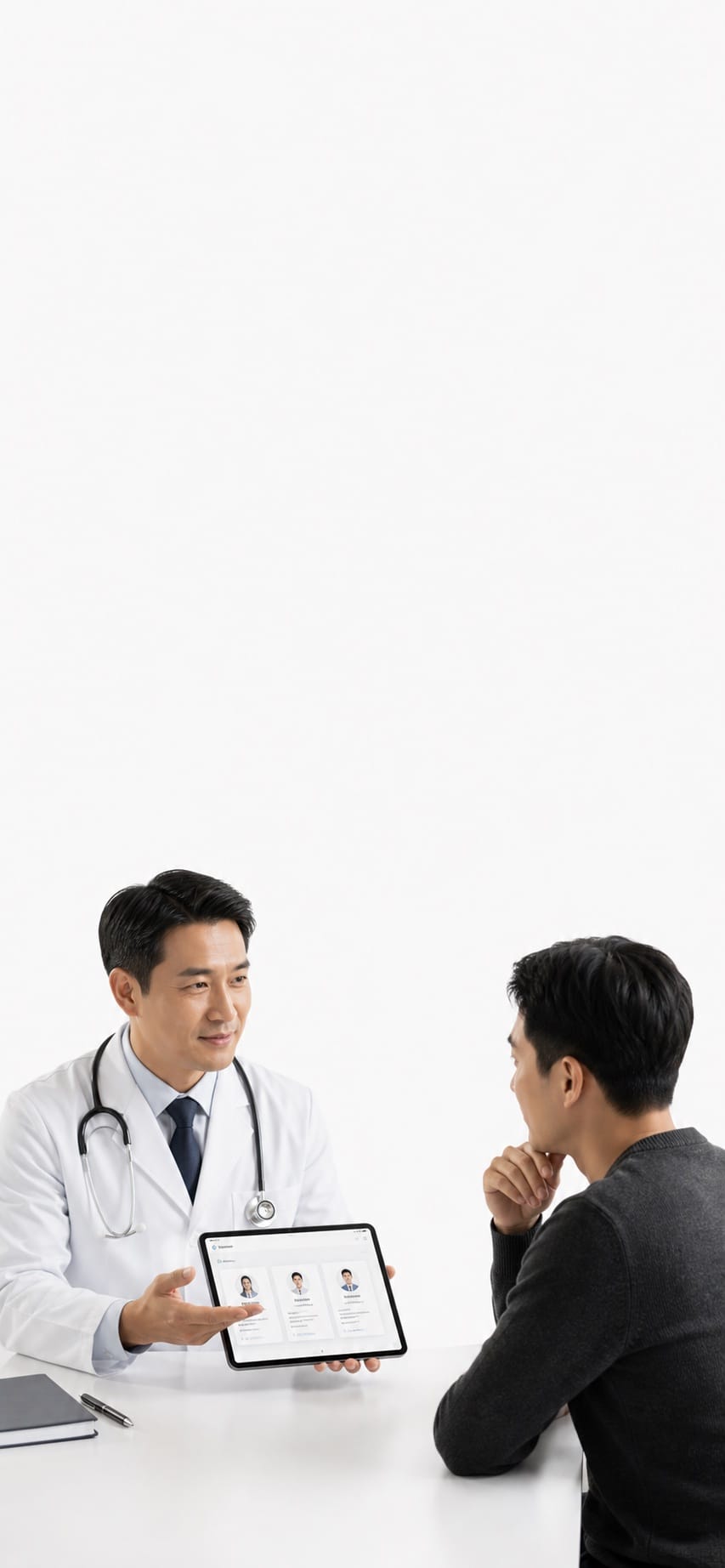 Doctor presenting curated physician profiles to a client in a white studio consultation scene.