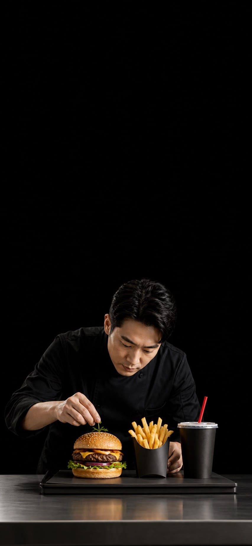 Chef-founder plating an elevated fast food set on a sleek black studio counter.