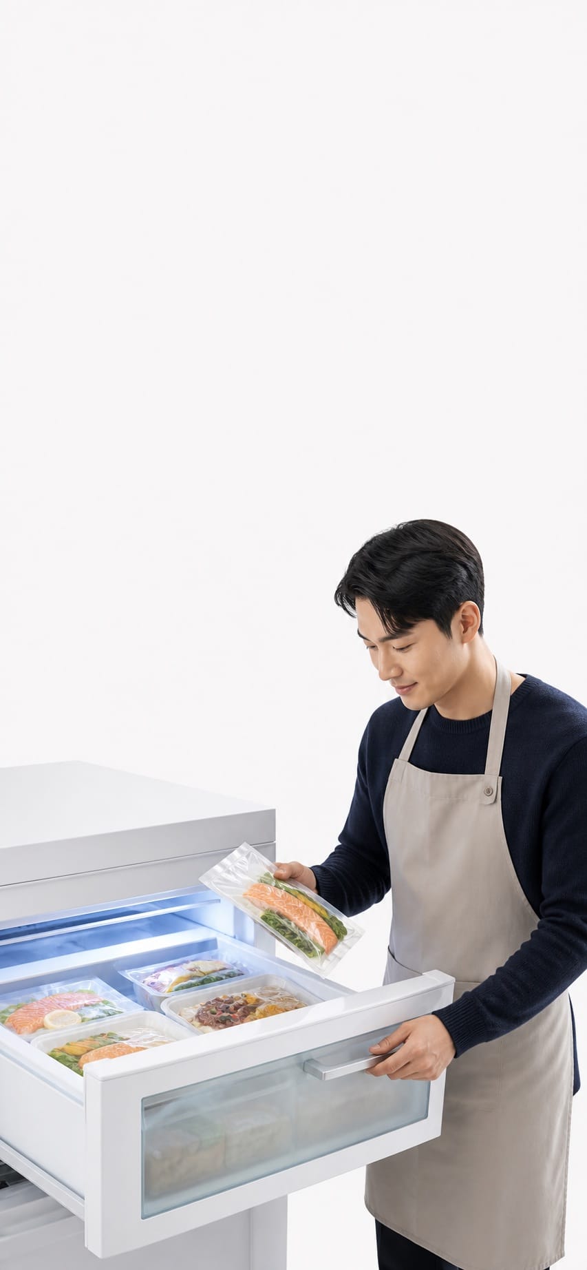 Premium frozen food founder presenting gourmet packaged meals in a white studio cold-display scene.