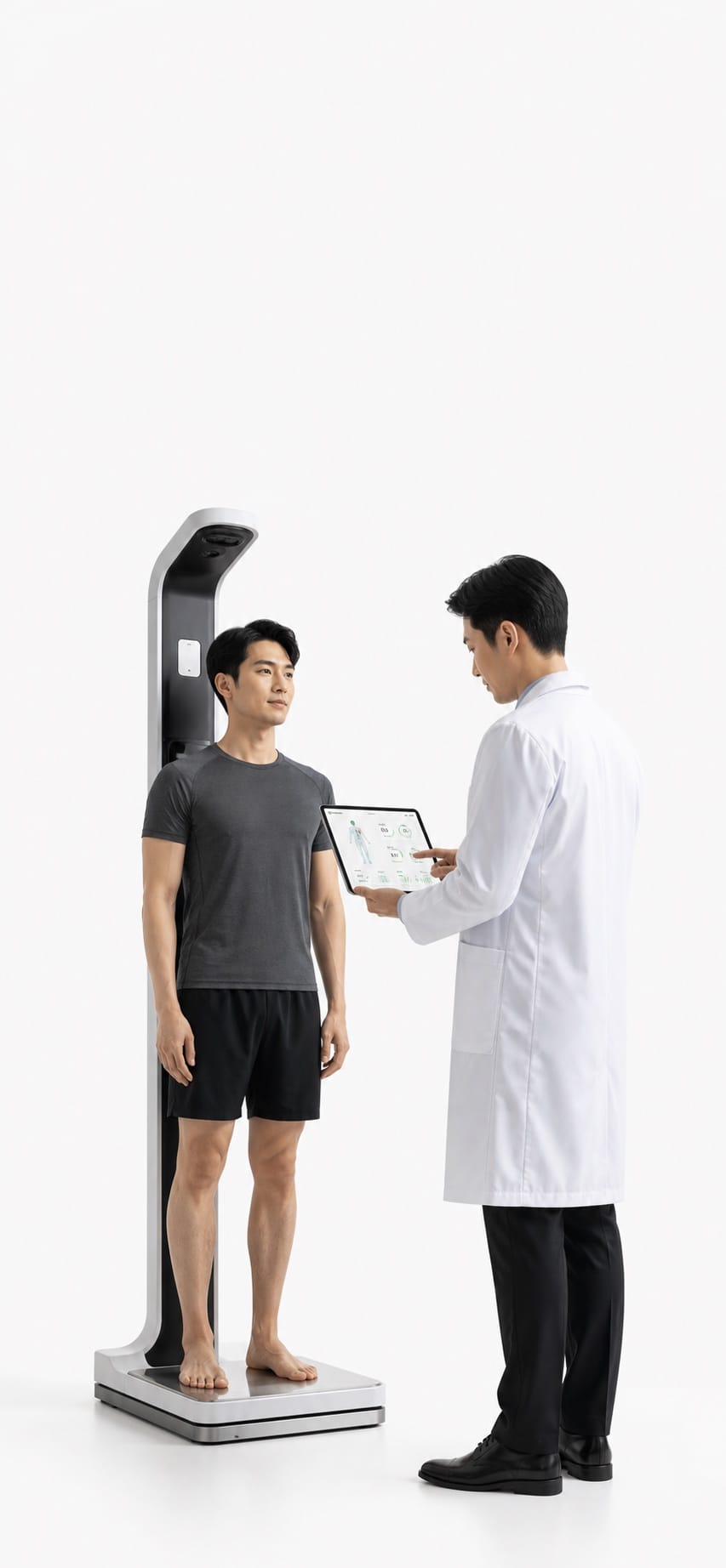 Clinician guiding a client through a sleek preventive health check setup on a white background.
