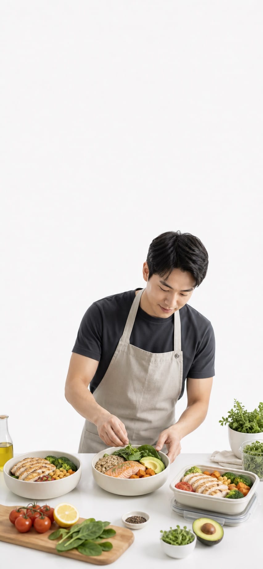 Nutrition-focused meal service founder arranging premium healthy meal bowls on a white background.