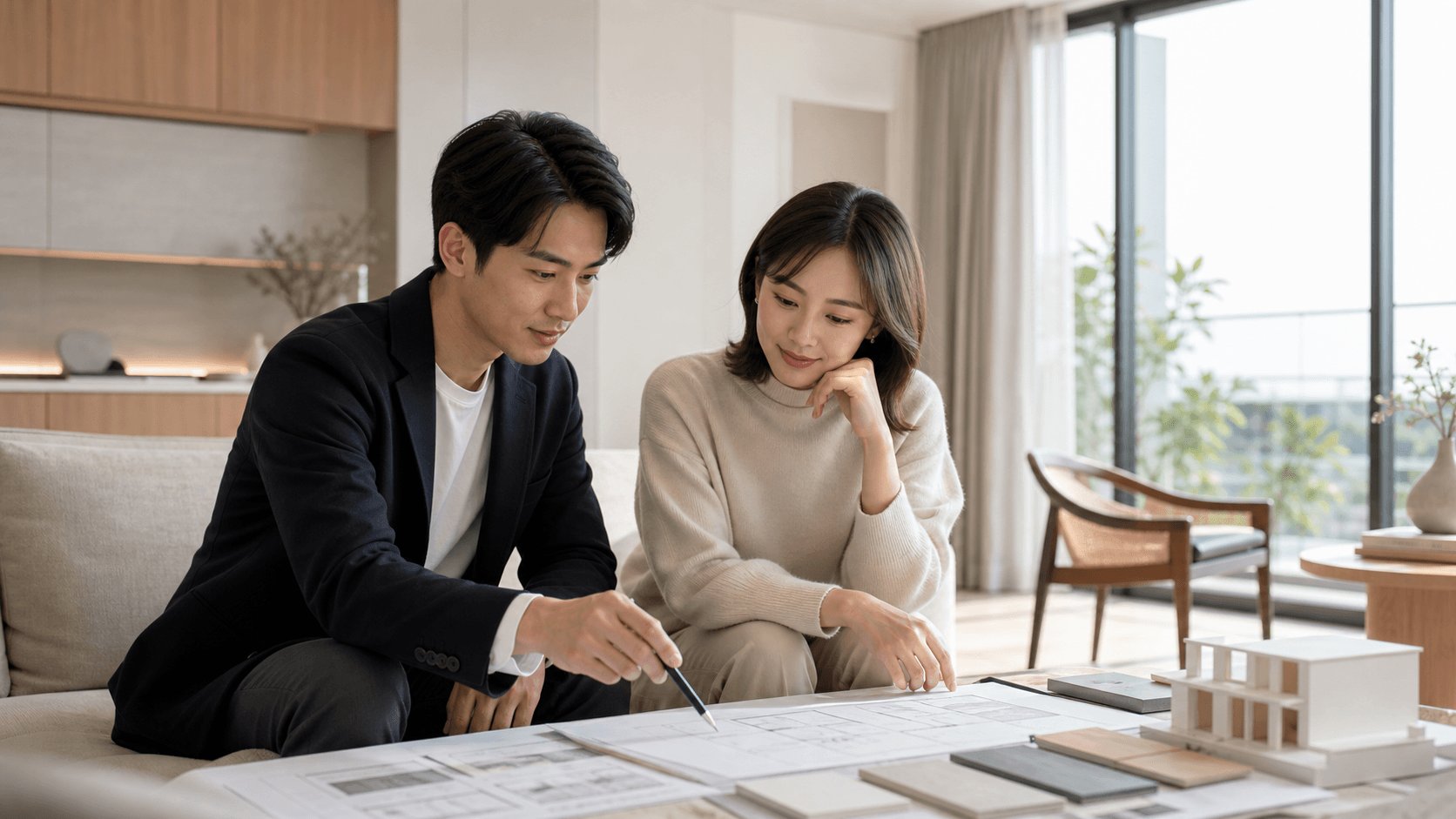 Architect and homeowner reviewing plans in a bright modern apartment.
