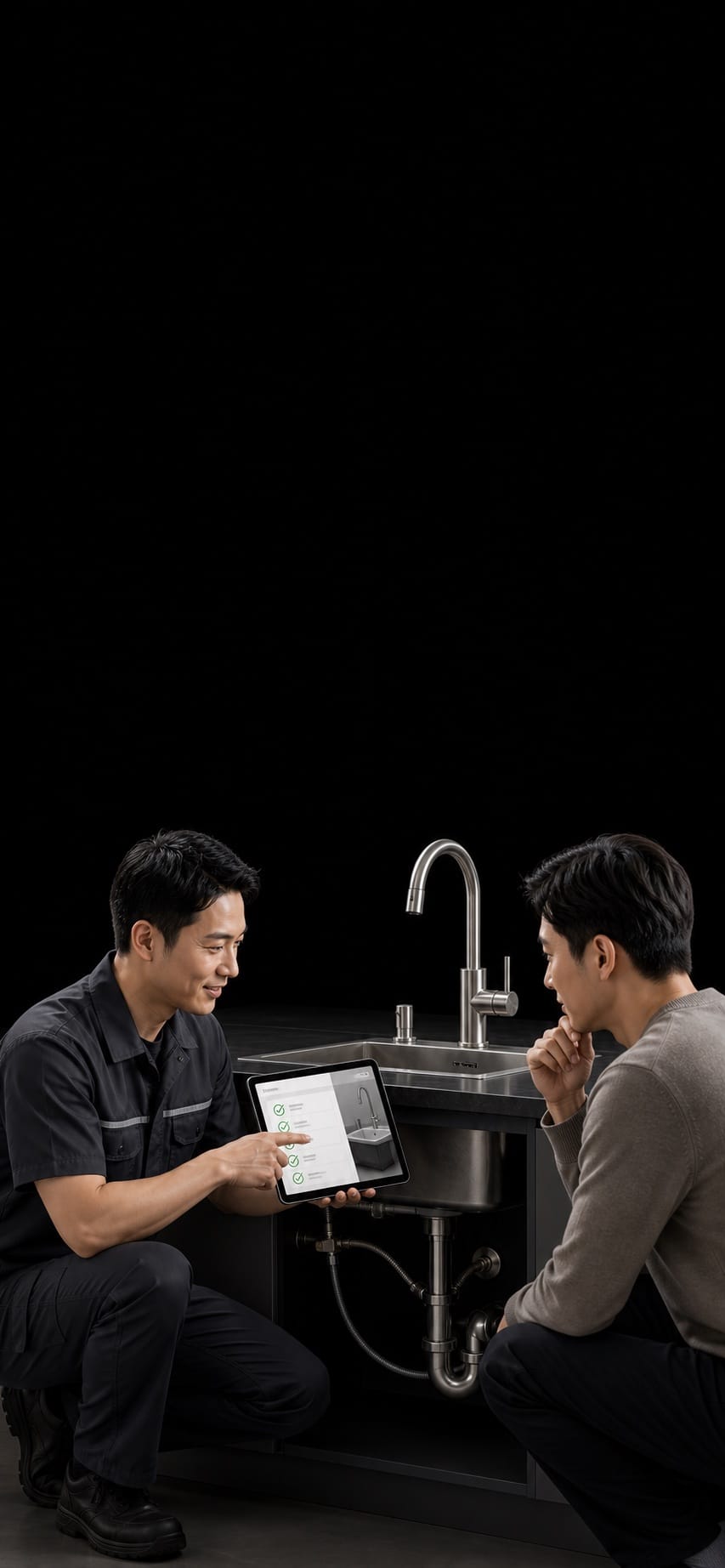 Home maintenance technician showing a repair result beside a sleek fixture on a black background.
