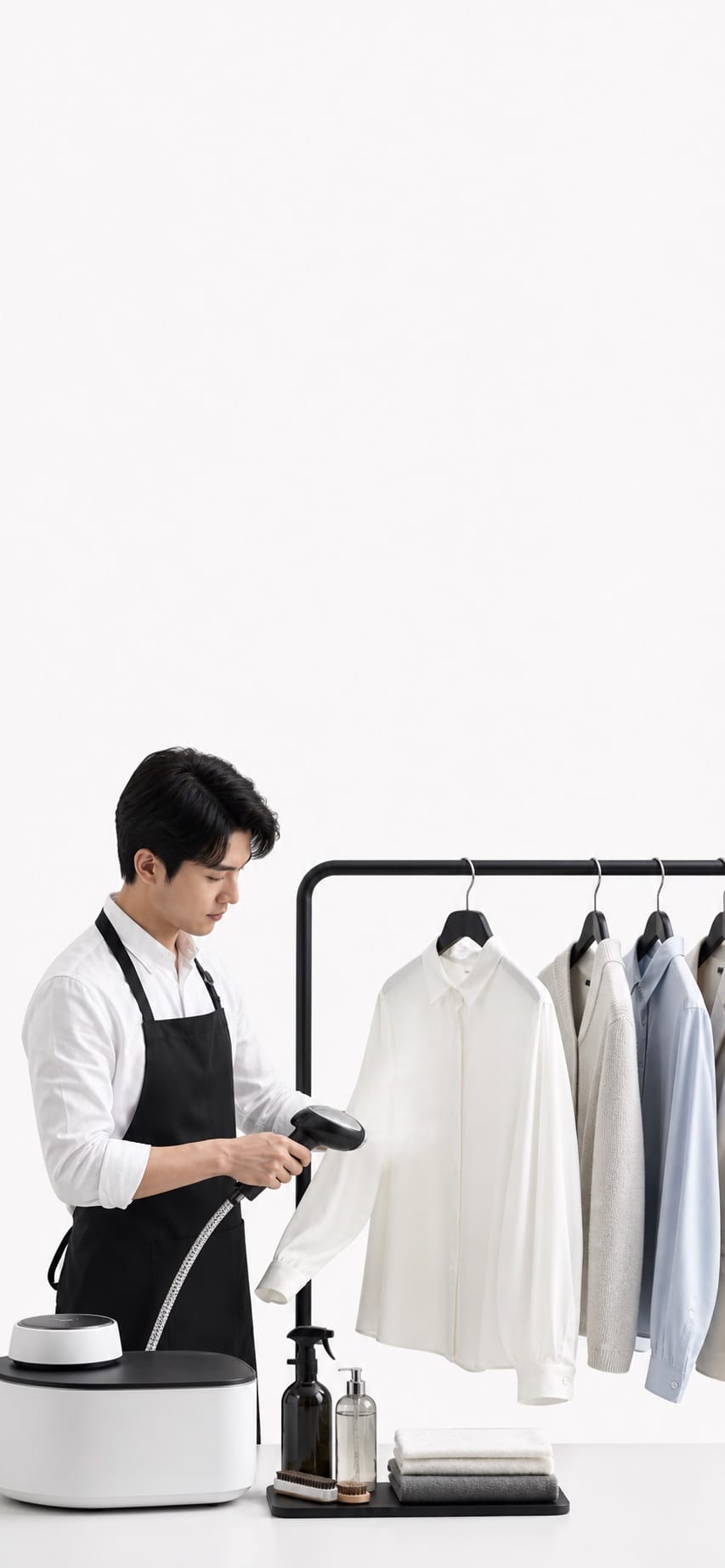 Garment care specialist preparing delicate clothing at a minimal fabric-care station on white.