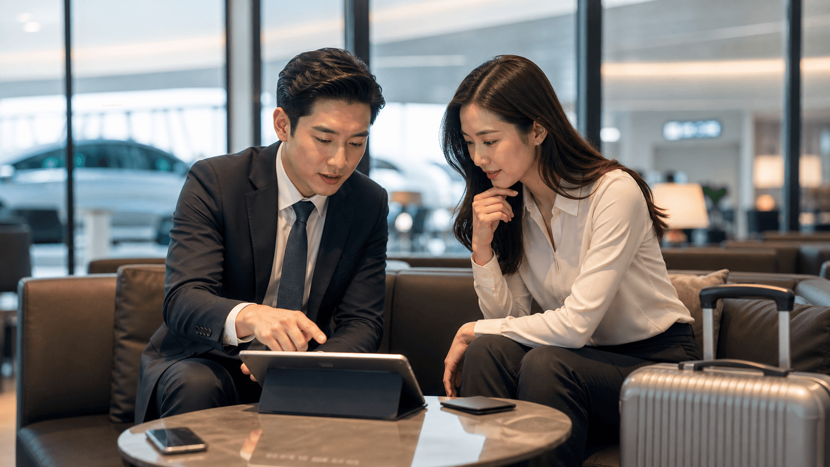 Mobility professional and customer in a sleek transport lounge.