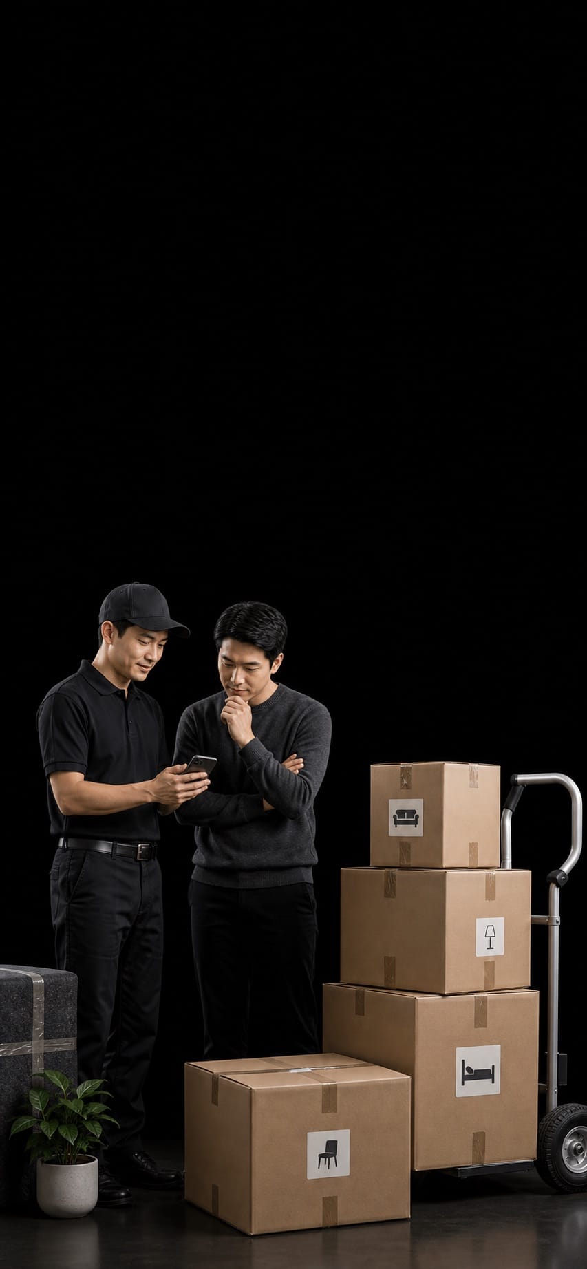 Moving services lead guiding a client beside neatly stacked crates on a black studio background.