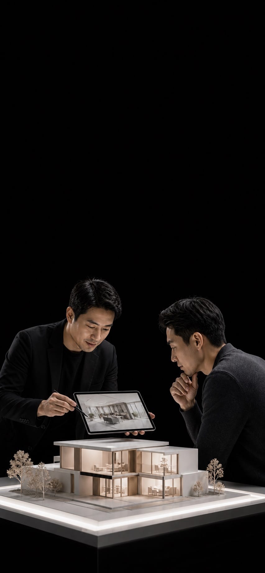 Architect and homeowner reviewing a refined renovation model on a black studio set.