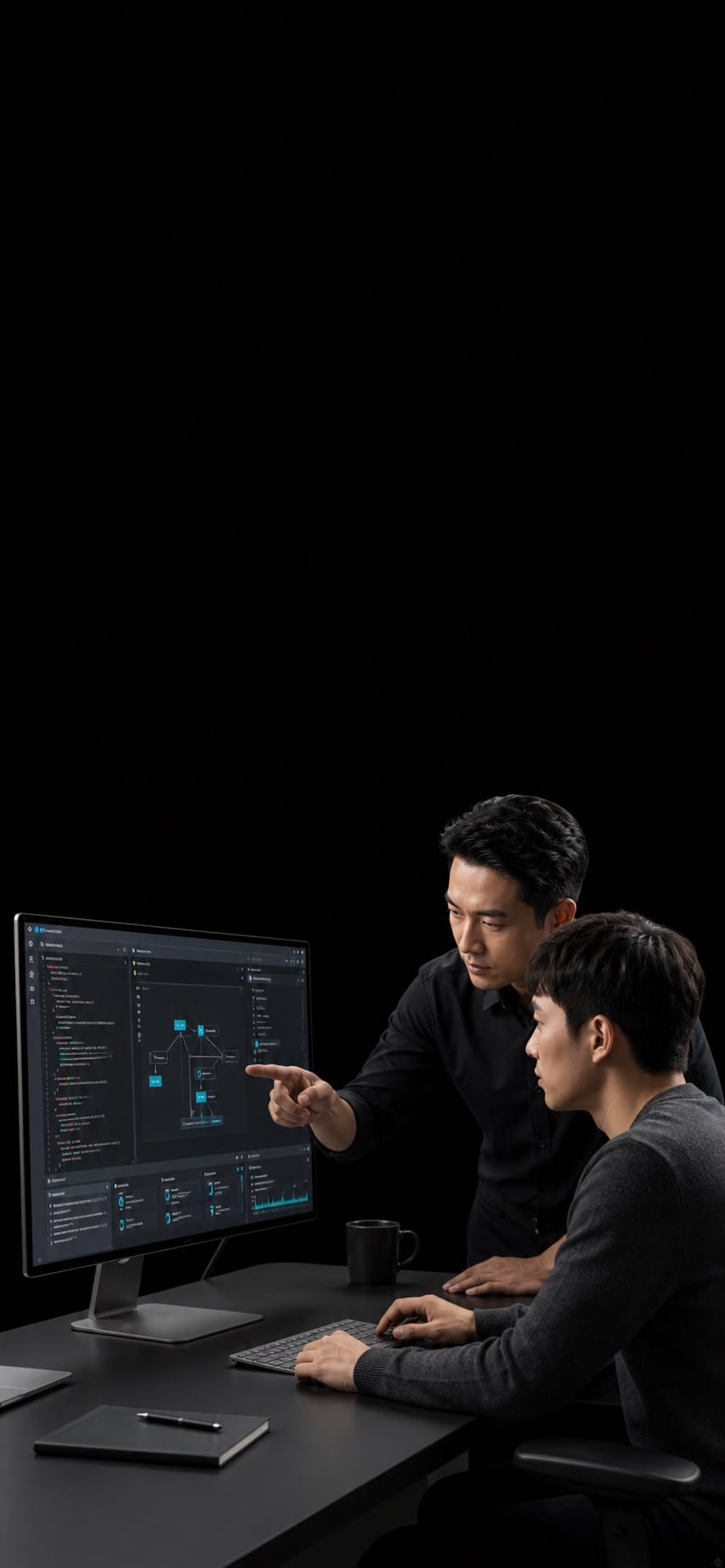Instructor coaching an adult trainee at a premium technical workstation on a black background.