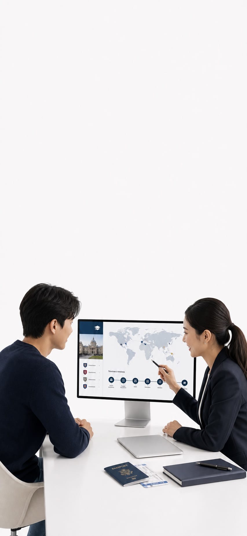 Student and advisor reviewing international study plans beside a slim display in a white studio.