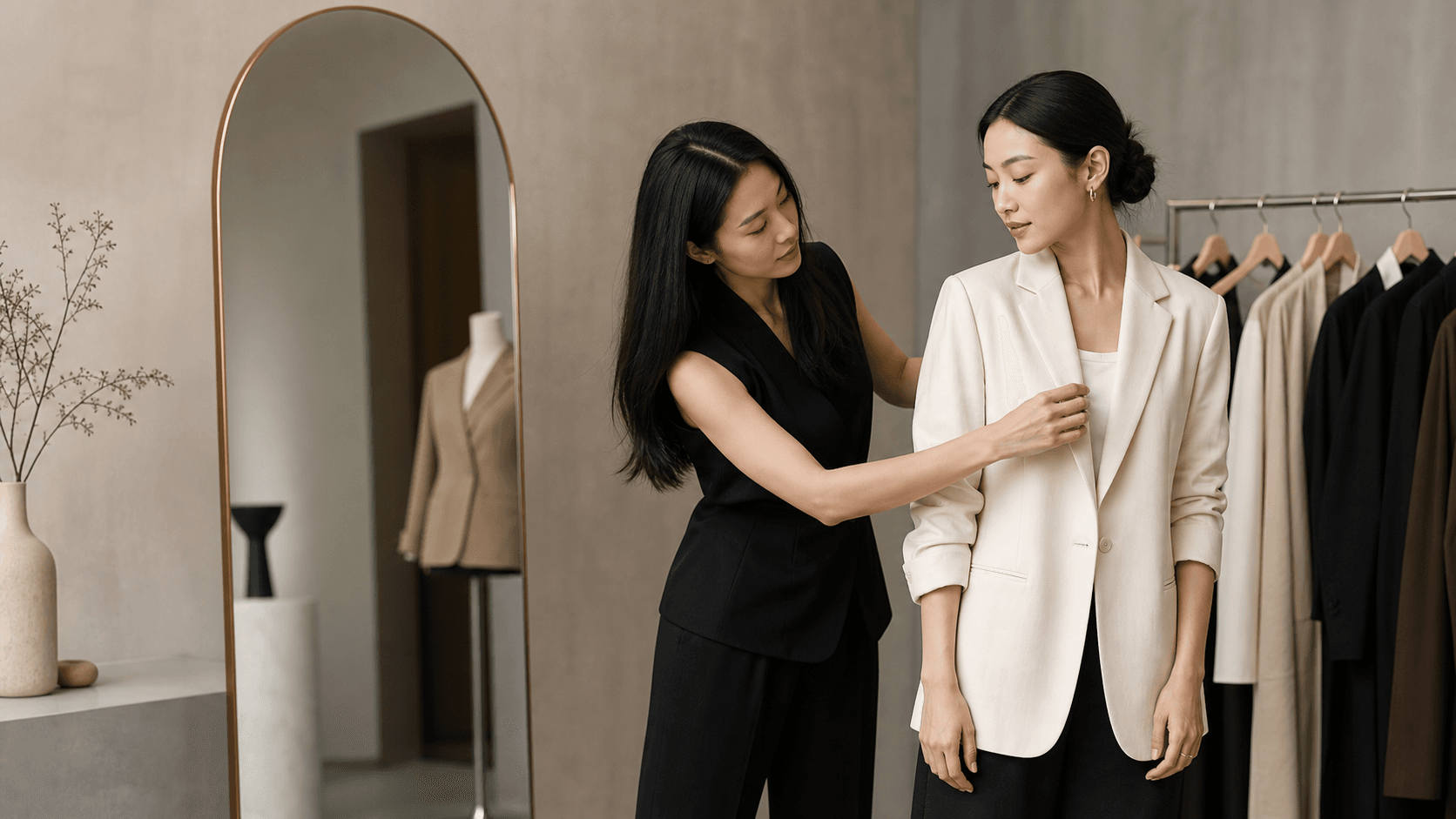 Stylist adjusting a client's outfit in a refined studio.