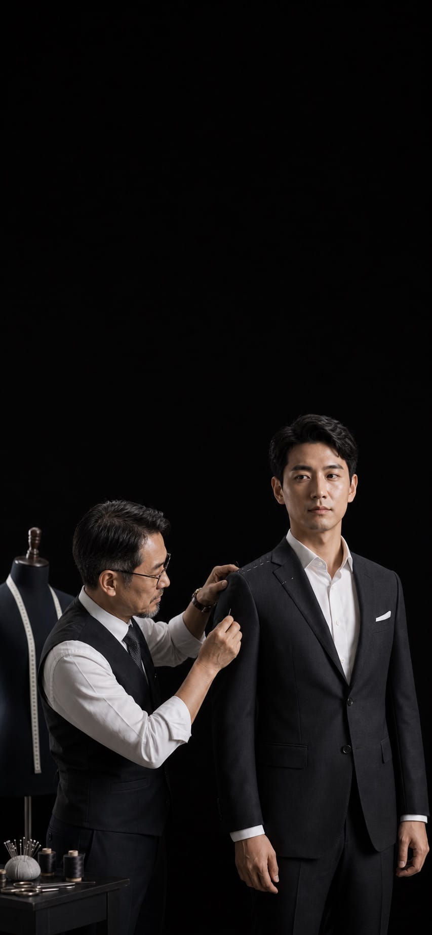 Master tailor fitting a refined dark suit for a client against a black studio background.