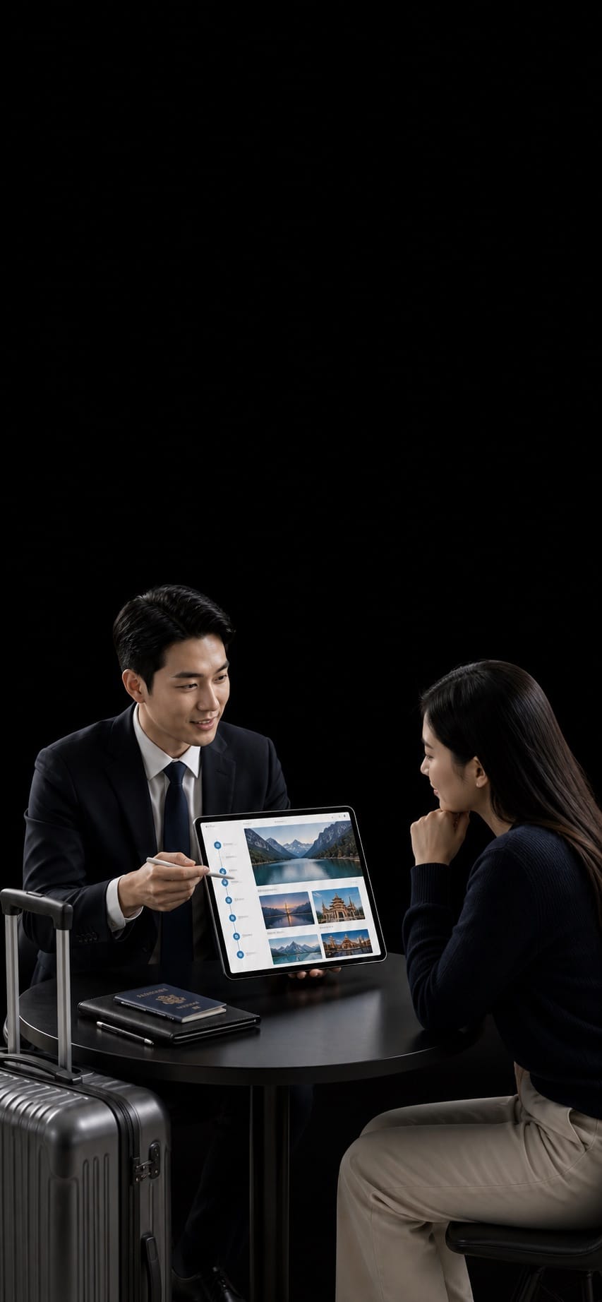 Travel consultant presenting a curated itinerary with an elegant suitcase in a premium black studio scene.