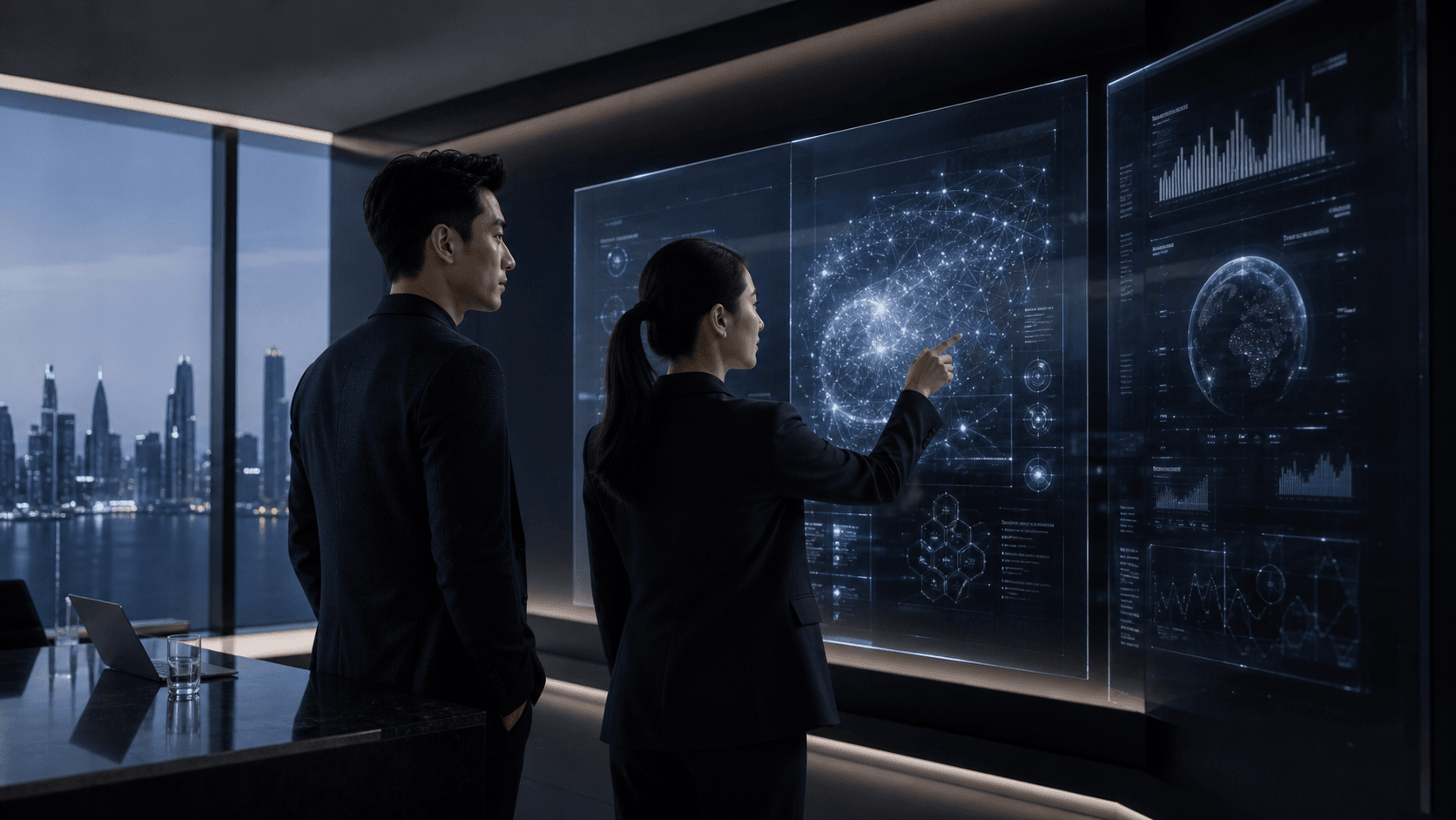 Two professionals reviewing AI strategy dashboards in a premium dark workspace.