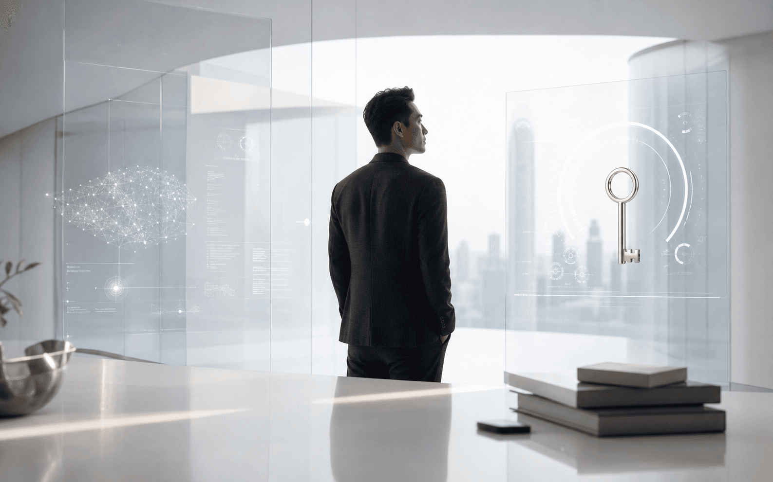 Premium AI consulting scene with a business leader viewing transparent interfaces and a key symbol.